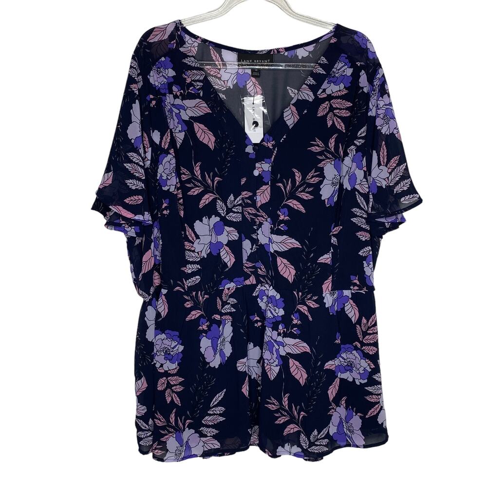 Lane Bryant Womens Size 18 Floral Peplum Blouse Navy Purple Pink Sheer VNeck NEW